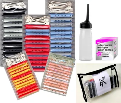 Produktbild von Dauerwellwickler Set - 2-farbig + FP Kosmetiktasche + Spitzenpapier + Auftrageflasche (Set - 60 Stck. + Zubehör)