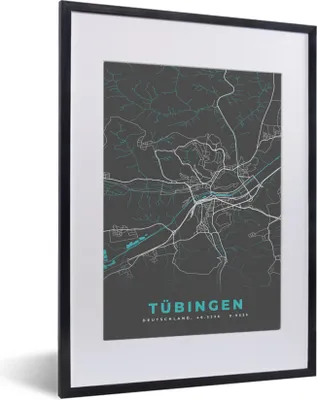 Produktbild von MuchoWow® Gerahmtes Poster Stadtplan - Deutschlandkarte - Blau - Tübingen - Karte 30x40 cm - Poster mit Schwarzem Bilderrahmen Wandposter Rahmen Foto Bilder - Wandposter Schlafzimmer