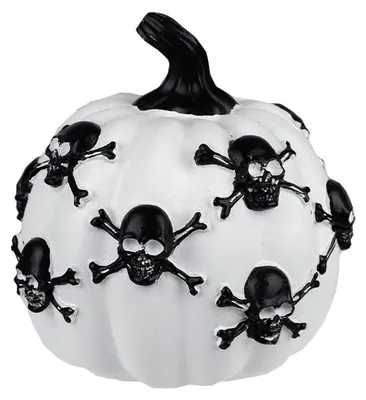 Produktbild von Weißer Kürbis mit schwarzen Totenköpfen für Halloween 13cm