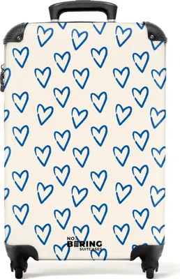 Produktbild von NoBoringSuitcases.com Hartschalen Handgepäck Koffer 55x35x20 cm, 36L, Bunte Drucke für Frauen: Weiß mit blauem Herzmuster, Reisekoffer mit 4 Rollen