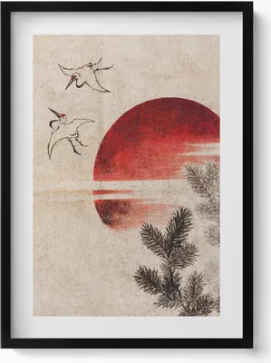 Produktbild von Japanische Kunst Sonnenuntergang– Wandbild mit Rahmen – Gerahmtes Bild  – Wanddekoration – 50x70 cm –  Schwarz Rahmen