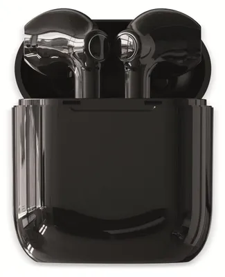 A pair of black wireless in-ear headphones are shown in their charging case.