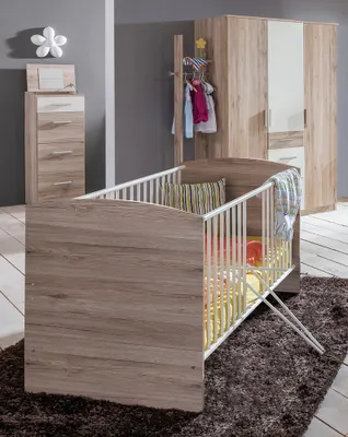 Produktbild von Babyzimmer mit Gitterbett, Kleiderschrank und Hochkommode JOHANNESBURG-43 in Eiche Nb. mit weiß