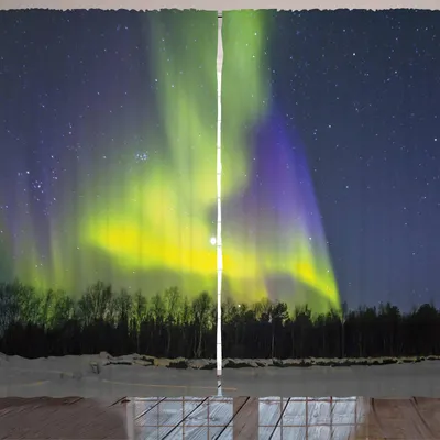 Produktbild von ARANDE Alaska Gardine, Aurora Borealis über dem Schnee bedeckte Wald im nordwestlichen Amerika-alaskischen Winter, 280 x 260 cm, Mehrfarbig