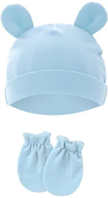 Produktbild von Baby-Hüte-Set mit Handschuhen für Neugeborene, Baumwoll-Ohrschützer mit Anti-Krallen-Funktion, geeignet für Kinder von 0-1 Jahr, Durchmesser 15,5 cm, Hellblau