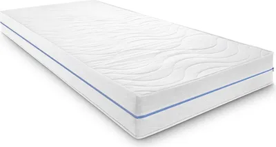 A white mattress with a blue stripe along the side, shown at an angle on a white background.