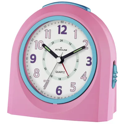 A pink and blue analog alarm clock.