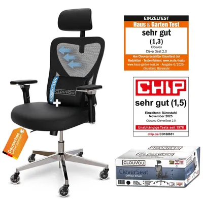 Produktbild von CLOUVOU CleverSeat Bürostuhl Ergonomisch Schreibtischstuhl Höhenverstellbar, 4D-Armlehne, 3D-Kopfstütze, + Rückenkissen [Nr.1 in Preis-Leistung], KI-generiertes Bild