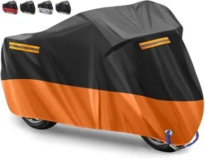 Immagine prodotto di Copertura per moto in tessuto Oxford impermeabile, 210D, copertura per moto per uso interno ed esterno, protegge dai raggi UV, dalla pioggia, dalla polvere e dalla neve, arancione, riflettente, 245x105x125 cm