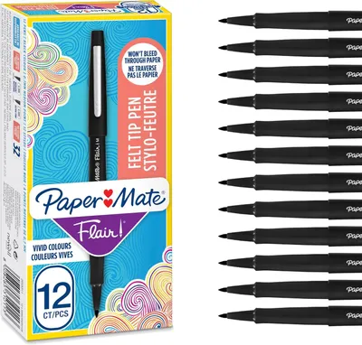 Image de Stylos feutres Paper Mate Flair - Coffret de 12 - Pointe moyenne (0,7 mm) - Noir