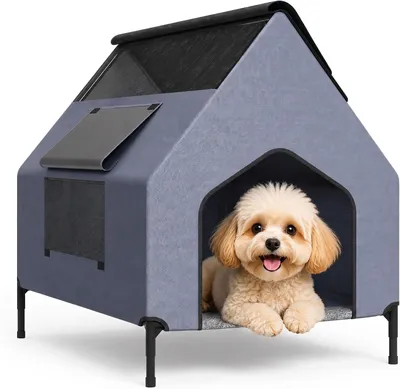 Productafbeelding van QEENTOE Verhoogd en overdekt hondenverblijf, 130x84x104 cm, weerbestendig dierenverblijf voor buiten, stevig kattenhuis voor tuin en terras