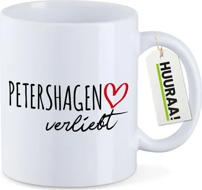 Produktbild von Huuraa Kaffeetasse Petershagen verliebt 330ml Weiß Keramik Kaffeebecher Geschenkidee