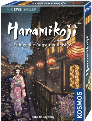 The image shows the front of a board game box with a scene of a geisha walking down a street at night.