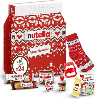 Produktbild von nutella Adventskalender 2024, eine Schokoladen-Adventskalender-Alternative mit 24 festlichen Leckereien und nutella Mini-Geschenken für Kinder und Erwachsene