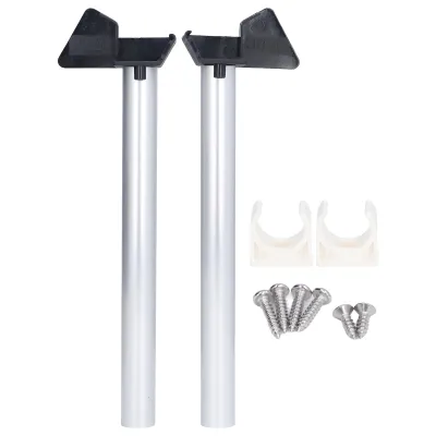 A product shot of two gutter downspout extensions and associated hardware on a white background.