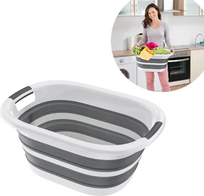 Obrázek produktu pro Skládací košík na prádlo QEENTOE, rozměry 60x45x27 cm, objem 40 litrů, vyroben z plastu PP-TPE bez BPA, ergonomické rukojeti, úsporný design pro domácnost, auto, kempování, barva: šedá a bílá