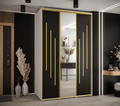Produktbild von Kleiderschrank YVONA 9 – 160/60 cm, weiß/schwarz/gold