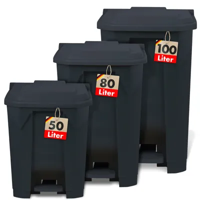 Three dark gray trash cans of different sizes are displayed against a white background. Each trash can has a tag indicating its capacity in liters, with the German flag colors on the tags.