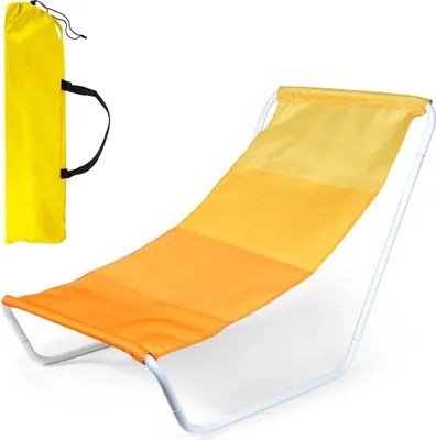 A portable beach chair and its carrying bag are shown against a white background.