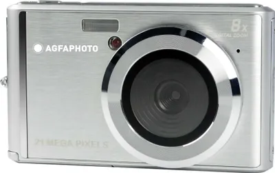 A silver AgfaPhoto compact digital camera is shown from the front.