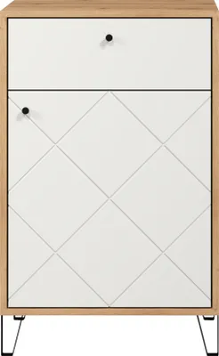 A front view of a white and light brown dresser with black legs.