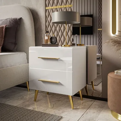 Produktbild von Nachttisch AURA LUX Weiß/Weiß Hochglanz mit goldenen Beinen