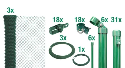 A collection of fence components, including rolls of mesh fencing, wire, and metal posts with connectors, arranged on a white background.