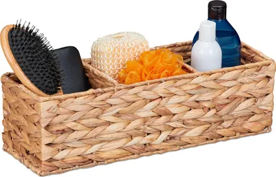 Produktbild von Relaxdays Aufbewahrungskorb Wasserhyazinthe, 3 Fächer, Badezimmer Aufbewahrung, HBT: 13 x 42,5 x 15 cm, Körbchen, natur