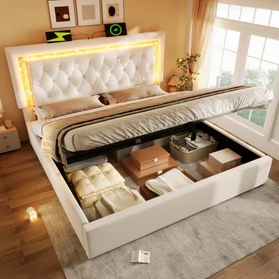 Produktbild von Polsterbett 180x200 cm Samt Doppelbett mit LED-Diamantstreifen, USB & Type-C Ladestation, hydraulischem Stauraumbett,Jugendbett,Beige(Ohne Matratze)
