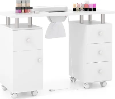 Immagine prodotto di Tavolo per manicure COSTWAY con aspirazione elettrica della polvere, tavolo per unghie con 3 sacchetti raccoglipolvere, poggiapolsi e cassetti, tavolo per salone di bellezza su rotelle
