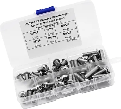 Produktbild von 60 Stück M6 Edelstahl-Innensechskantschrauben mit Knopfkopf, Befestigungsmaterial und Zubehör in Kunststoffbox