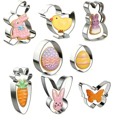 Produktbild von 8-teiliges Oster-Ausstechformen-Set, Ausstechformen aus Edelstahl, Ostermotive mit Hase, Ei, Karotte, Küken und Schmetterling, Ausstechformen-Set zur Osterdekoration