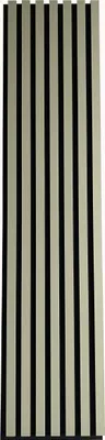 A vertical shot of acoustic panels with alternating beige and black stripes.