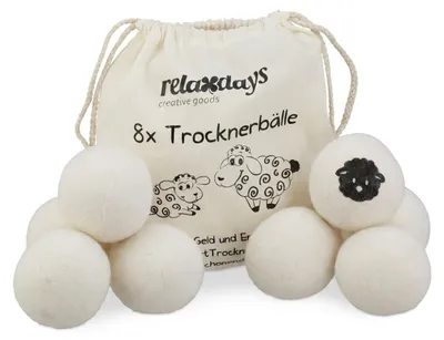 Image de Lot de 8 boules de séchage Relaxdays, en laine de mouton, pour sèche-linge, respectueuses de l'environnement, séchage rapide, blanches