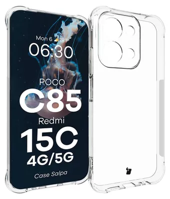 A clear phone case is shown next to a phone displaying product information and a jellyfish image.
