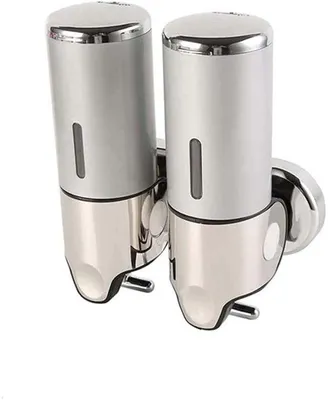 Produktbild von Seifen- und Shampoonspender, Badkammer-Seifenpumpe, Wandseifen- und Shampoonspender, Seifen- und Shampoonspender mit Behälter, nicht bohrend (1000 ml, Silber)