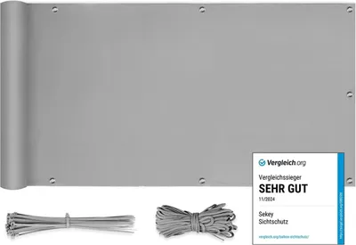 Imagen del producto de Protector para balcón Sekey, cubierta para balcón, revestimiento para balcón, ofrece protección contra el viento y los rayos UV, proporciona 100% de privacidad, incluye ojales, bridas de nylon y cordón, color gris claro, dimensiones 0.75 x 6 metros