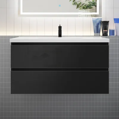 Produktbild von Badmöbel Set HUTI-Serie 80cm Keramik Waschbecken mit Unterschrank Badezimmermöbel mit 2 Schubladen Hochglanz Schwarz Hängeschrank
