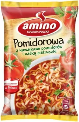 Zdjęcie produktu dla Amino Zupa błyskawiczna pomidorowa z kawałkami pomidorów i natką pietruszki 61 g x 6 sztuk