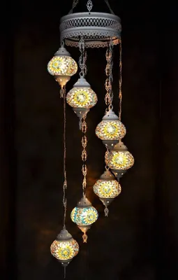 Zdjęcie produktu dla Lampa wisząca z kolorowej mozaiki szklanej, orientalny żyrandol z 7 kulami, ręcznie wykonany w Turcji, kremowo-biały