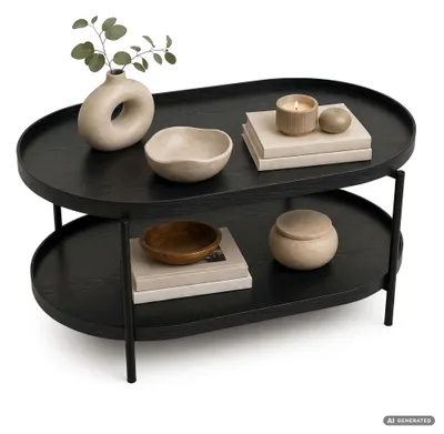 Immagine prodotto di Tavolino da salotto stile loft CORTADO 90 cm ovale con ripiano nero gambe nere