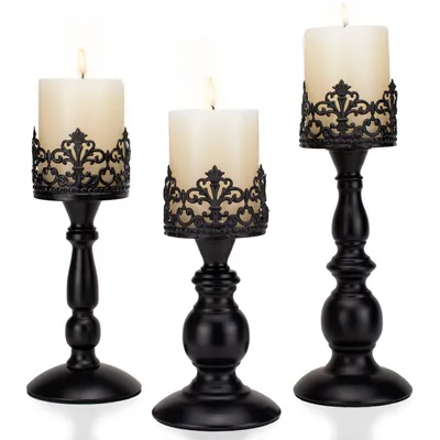 Kerzenhalter-Set 3er, schwarz, Metall, 21/22/30 cm