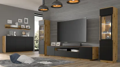 Zdjęcie produktu dla Gablota szklana AURA 1DS 150 cm DĄB ARTISAN / CZARNY MAT - Uniwersalna gablota wisząca stojąca