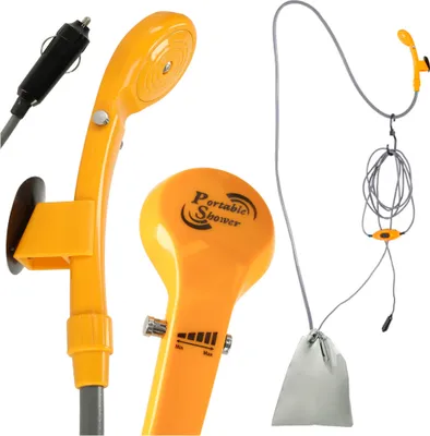 A collage of images showing a portable camping shower kit.