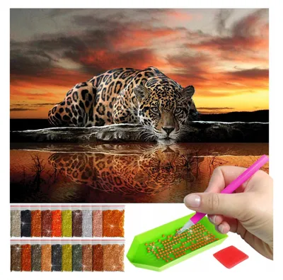 Produktbild von ARTULIO Diamond Painting Set - Dunkle Pantherin vor dramatischem Sonnenuntergang - 30 x 40 cm - 5D Crystal Art, Bilder DIY