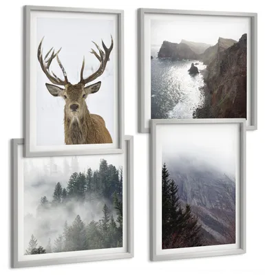 Produktbild von Bilder Set 4-teilig im silbergerahmten Rahmen – Wandbilder 4 Stück – gerahmte Poster für Wohnzimmer, Schlafzimmer und Flur – 50x50 cm - 40x60 cm – Berglandschaft Nebel Hirsch