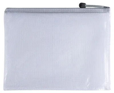 Produktbild von Packung mit 12 grauen PVC-Netzbeuteln mit Reißverschluss, Größe A5.