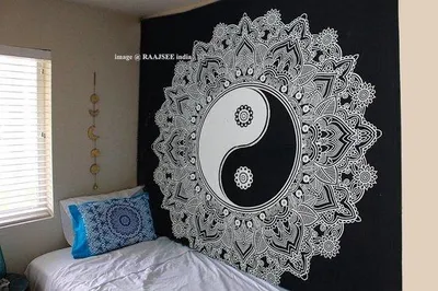 Produktbild von Famanu Wandteppich Mandala - Schwarz-Weiß, 210 x 220 cm