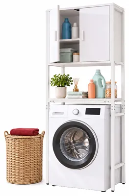 Produktbild von Relaxdays Waschmaschinenschrank, 3 Fächer, Regal über Waschmaschine, Trockner, Toilette, HxBxT: 170 x 64 x 27 cm, weiß, KI-generiertes Bild