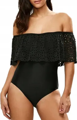 Immagine prodotto di Costume da bagno da donna - intero - per spiaggia e piscina - nero - scollo alla Carmen - monokini - con volant - taglia S
